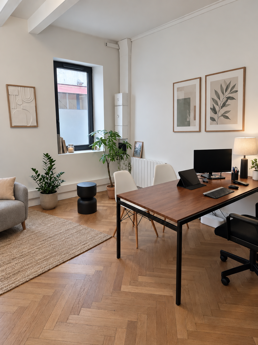 Les bureaux de 2XL Invest à Lyon : table de travail en bois, chaises pour les clients, plantes et coin fauteuil sur parquet en point de Hongrie