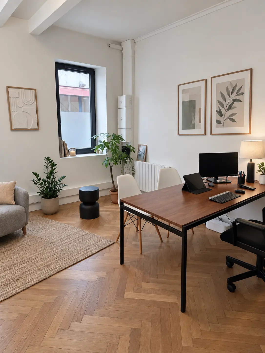 Les bureaux de 2XL Invest à Lyon : table de travail en bois, chaises pour les clients, plantes et coin fauteuil sur parquet en point de Hongrie